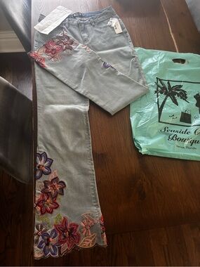 AZI New York Embroidered Light Wash Denim Jeans with Floral beading